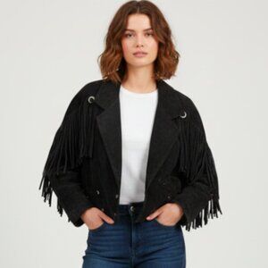 Vintage Black Suede Fringe Western Cowgirl Jacket Size M